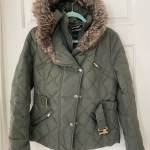 Express Women’s Quilted Winter Jacket with faux fur hood - Green / M